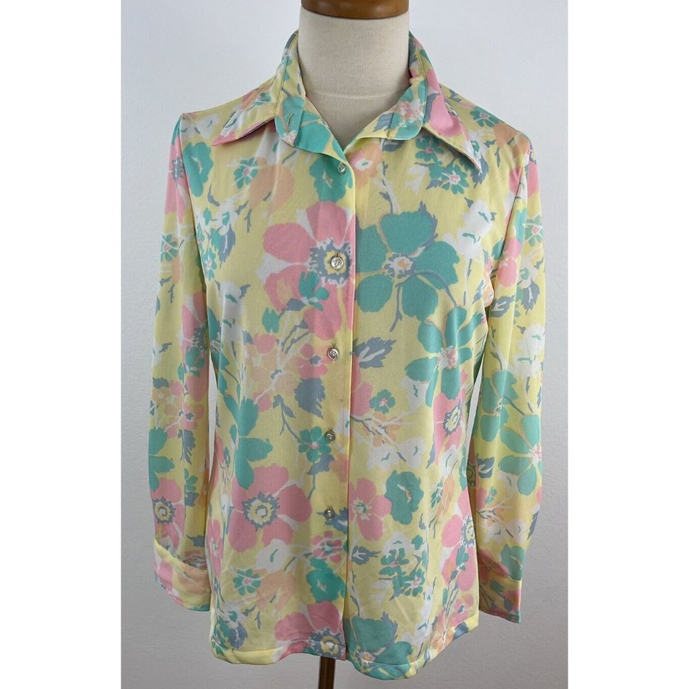 Personal by Leslie Fay Women's 14 Pastel Floral Shirt Top Polyester Button Front
